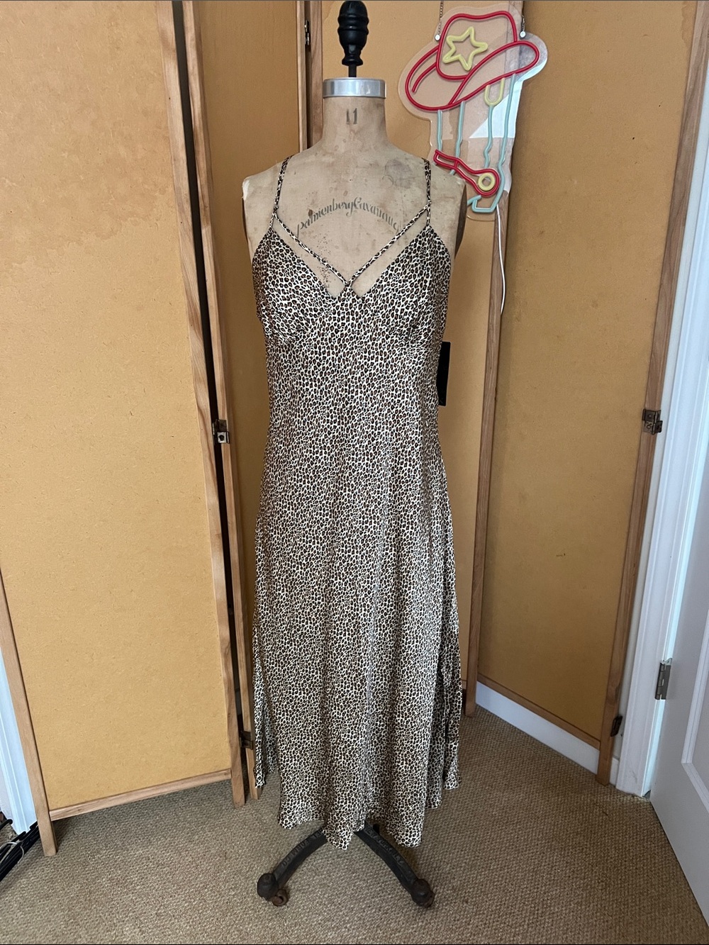 Leopard Print Silk Midi Chemise with Matching Robe - Beige/Black